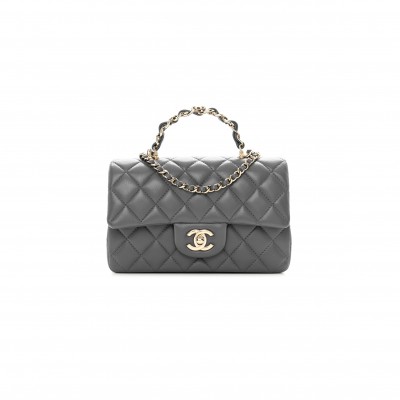 CHANEL LAMBSKIN QUILTED MINI CHAIN TOP HANDLE RECTANGULAR FLAP GREY AS2431 (20*12*6cm)